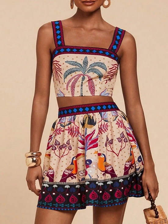 Think Vintage Online Dresses & Skirts - Boho Palm Print Crop Dress SET in Beige COLORFUL PRINT NEW